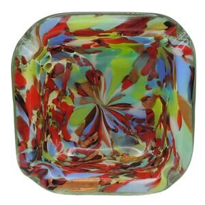 Murano Art Glass Square Ash Tray MCM Tutti Frutti Italian Red Blue Green Bowl